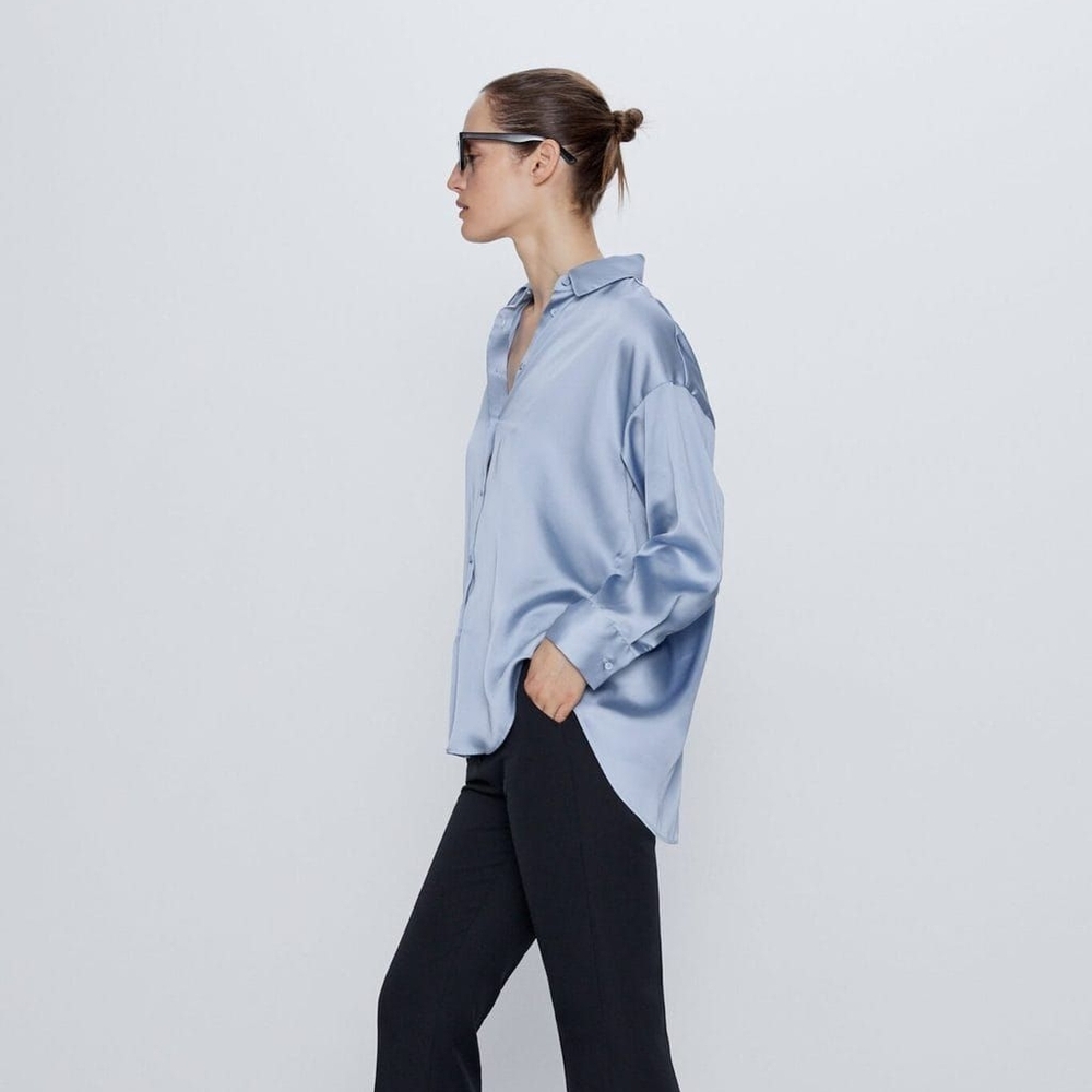 🆕️Zara Satin Sky Blue Button-Up Blouse SZ Large - Picture 12 of 12
